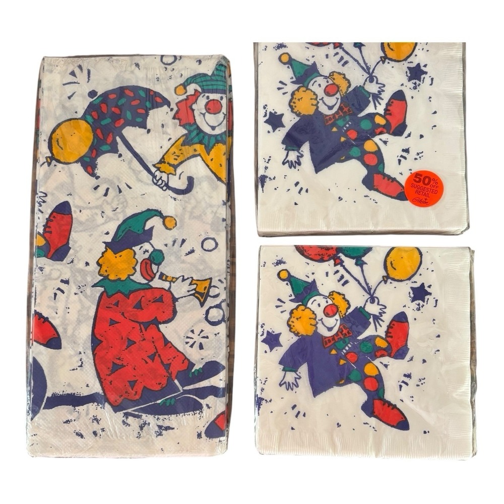 Lot Of‎ 2Vintage Gibson Clown with Balloons Luncheon Napkins 16 ct 1 Table Cover